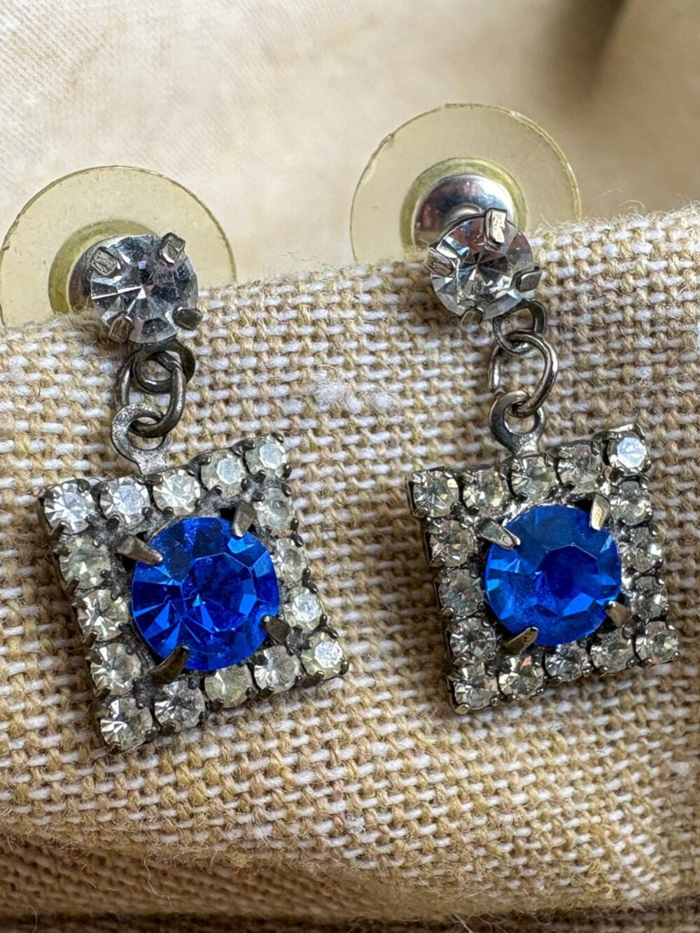 Sapphire Blue and Crystal Rhinestone Dangle Earrings, Vintage Glam
